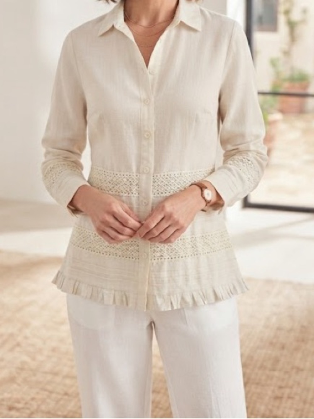 Light Beige Linen Button-Down Shirt with Crochet Trim
